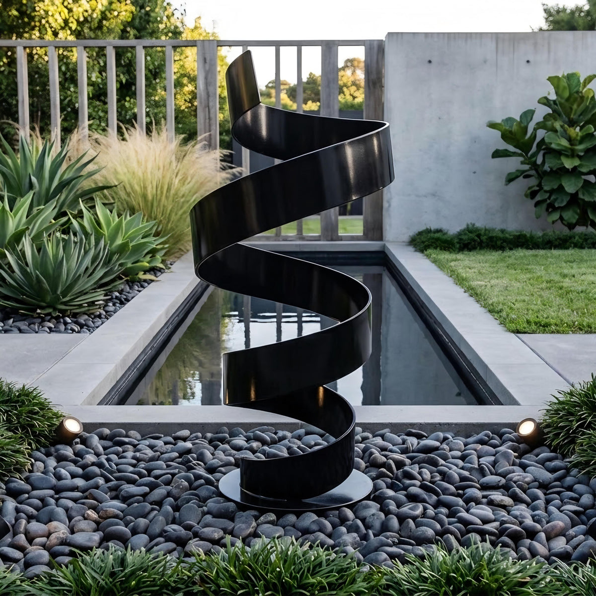 a modern black metal sculpture with a spiral shape, situated in a garden setting with a small pond and rocks.