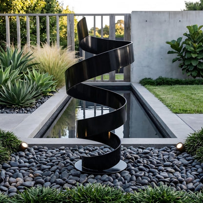 a modern black metal sculpture with a spiral shape, situated in a garden setting with a small pond and rocks.