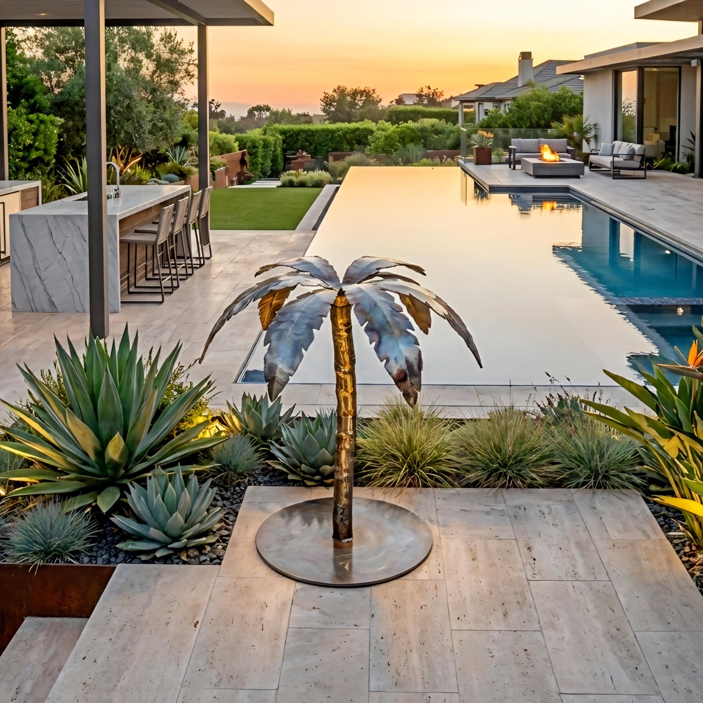 a modern outdoor living space with a large swimming pool, a patio area with a bar and seating, and a decorative metal sculpture of a palm tree.