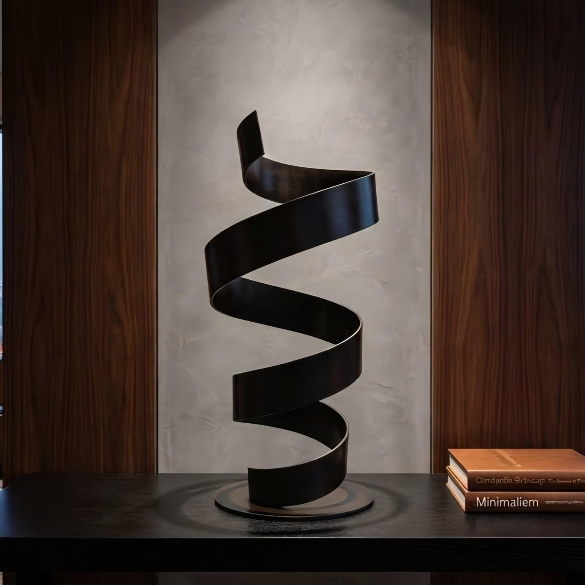 a modern black metal sculpture with a spiral shape, placed on a black surface against a wooden wall.