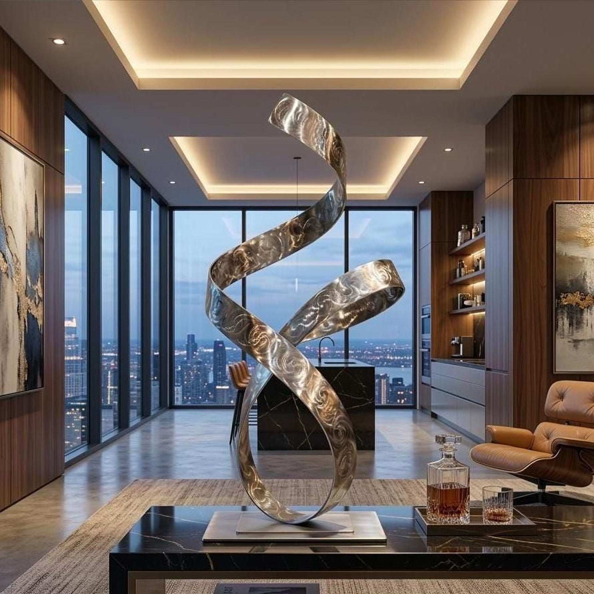 a modern living room with a large, abstract metal sculpture as the focal point. The sculpture has a curved, metallic design that resembles a ribbon or a wave. The room is well-lit, with large windows offering a view of the city skyline. The furniture includes a leather chair and a coffee table, creating a comfortable and stylish living space.