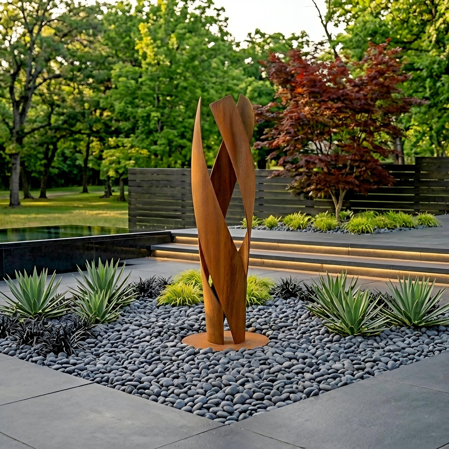 a modern garden design with a unique, abstract sculpture made of metal and wood. The sculpture is situated in a garden with a mix of plants, including cacti and succulents, and a stone path. The garden is surrounded by trees, creating a serene and natural atmosphere.