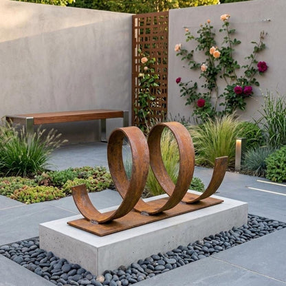 a modern garden design with a wooden bench, a decorative metal sculpture, and a wooden trellis with climbing plants.