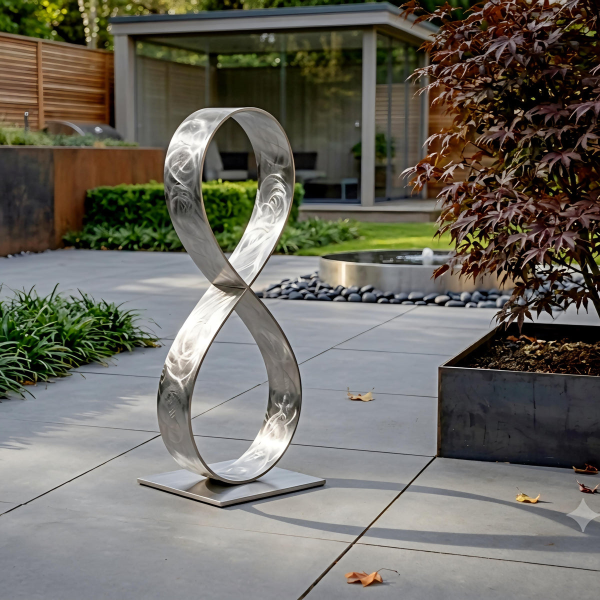 a modern garden with a large metal sculpture resembling an infinity symbol, situated on a tiled patio area.