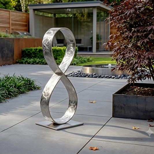 a modern garden with a large metal sculpture resembling an infinity symbol, situated on a tiled patio area.