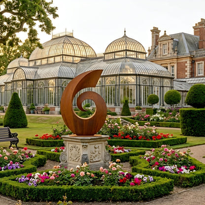A large, ornate sculpture of the number 6 stands in a well-manicured garden, surrounded by colorful flowers and lush greenery. In the background, there is a large, domed greenhouse with intricate architectural details.