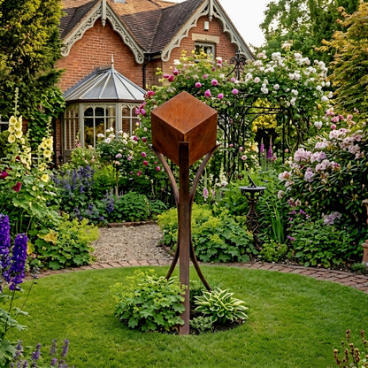 A well-maintained garden with a variety of colorful flowers, shrubs, and a large wooden sculpture in the center. The garden is surrounded by a brick pathway, and a brick building can be seen in the background.