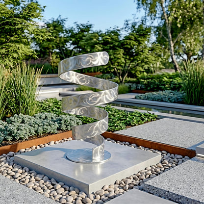 A modern, abstract metal sculpture with a spiral-like design stands in a garden setting, surrounded by greenery and rocks.