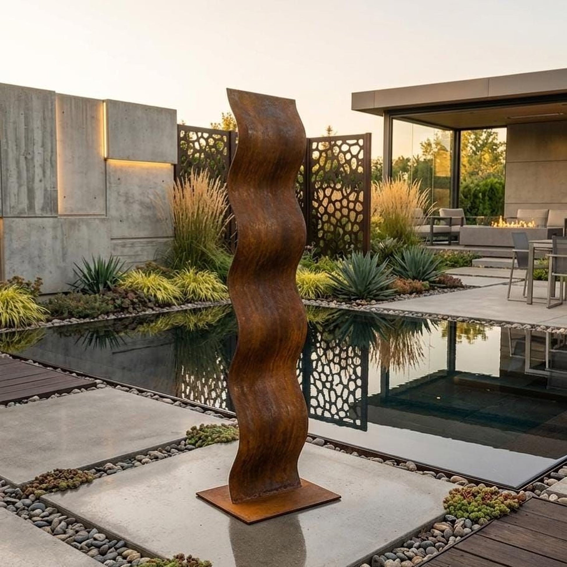 a modern outdoor space with a tall, curving metal sculpture in the foreground, a pool with a wooden deck, and a modern building in the background.