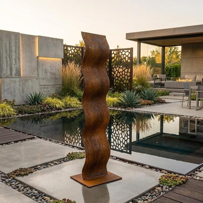 a modern outdoor space with a tall, curving metal sculpture in the foreground, a pool with a wooden deck, and a modern building in the background.