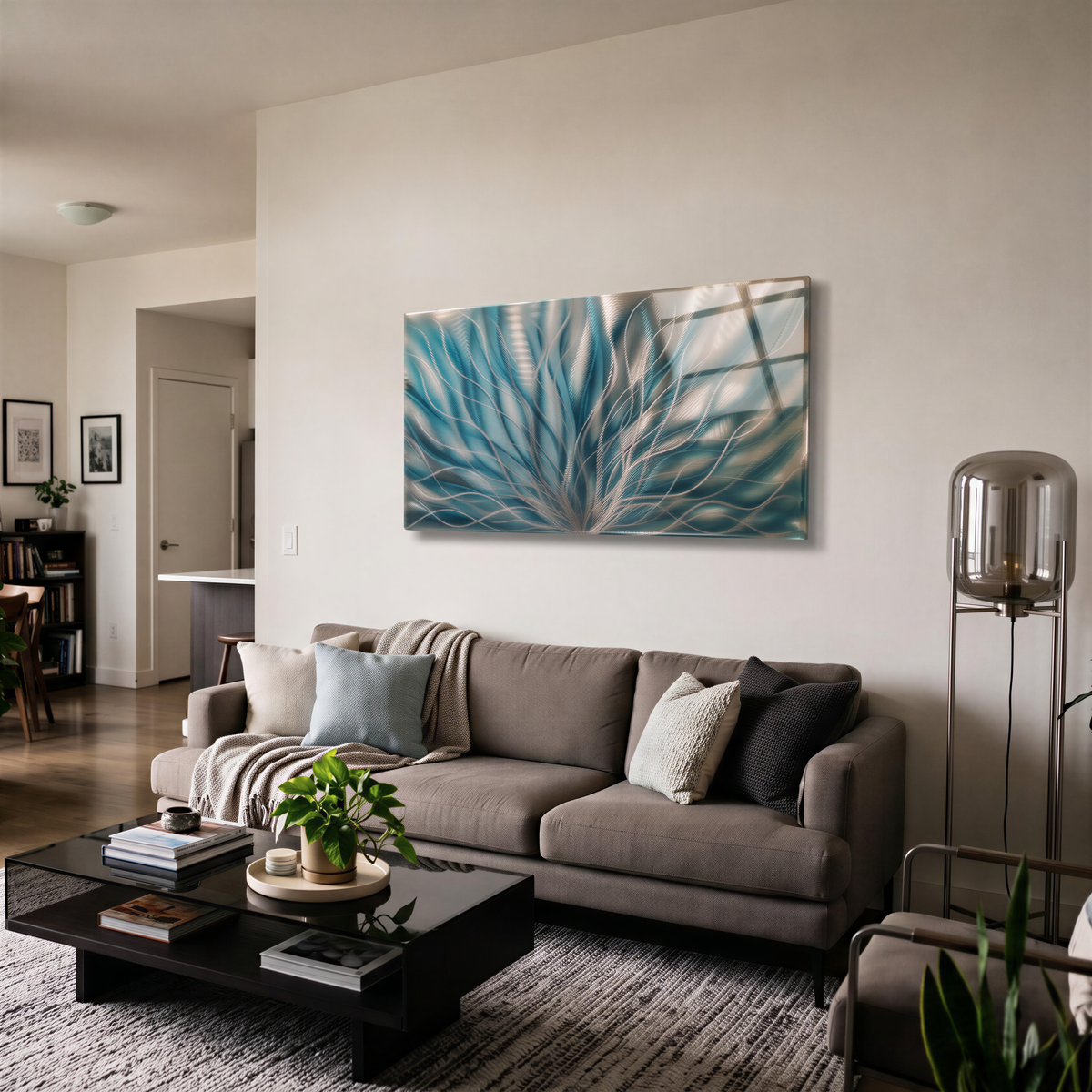 a living room filled with furniture and a painting on the wall