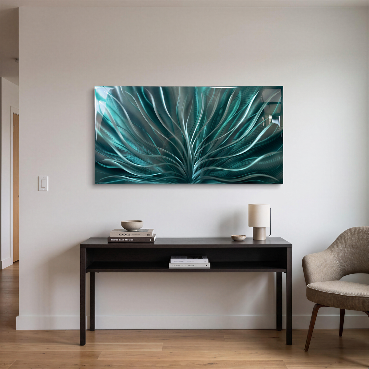 a painting on a wall above a table