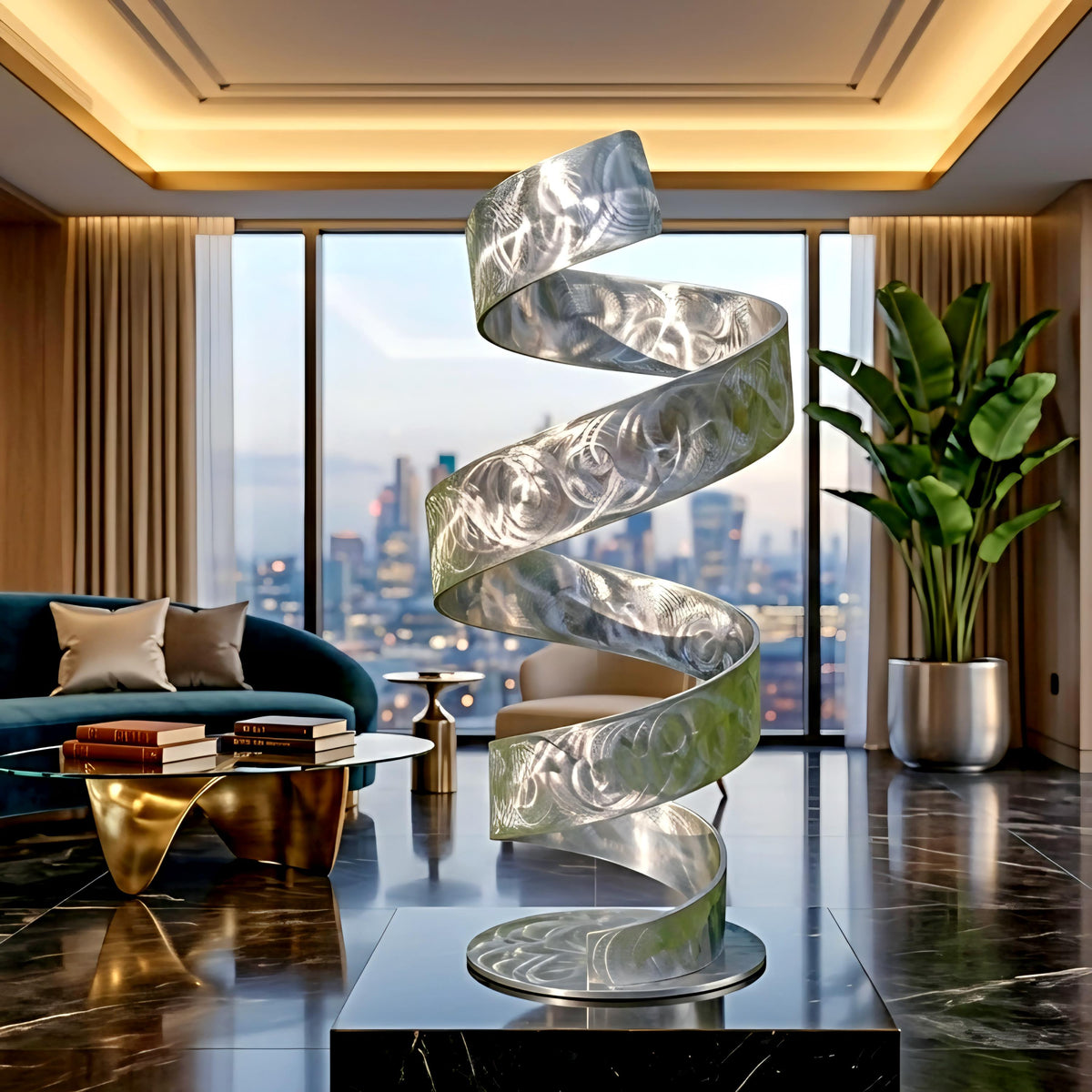 a modern living room with a large spiral metal sculpture as the focal point. The room has a marble floor, a blue sofa, a glass coffee table, and a large window overlooking a city skyline.