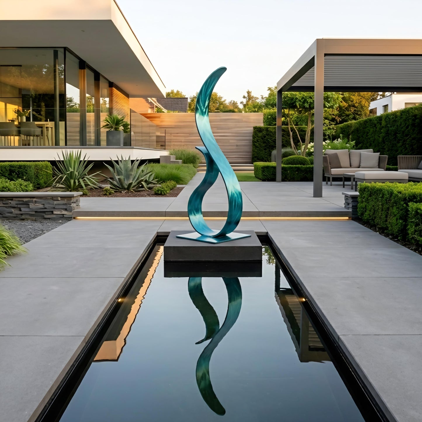 a modern garden with a large, abstract sculpture in the center of a reflective pool, surrounded by lush greenery and a contemporary building in the background.
