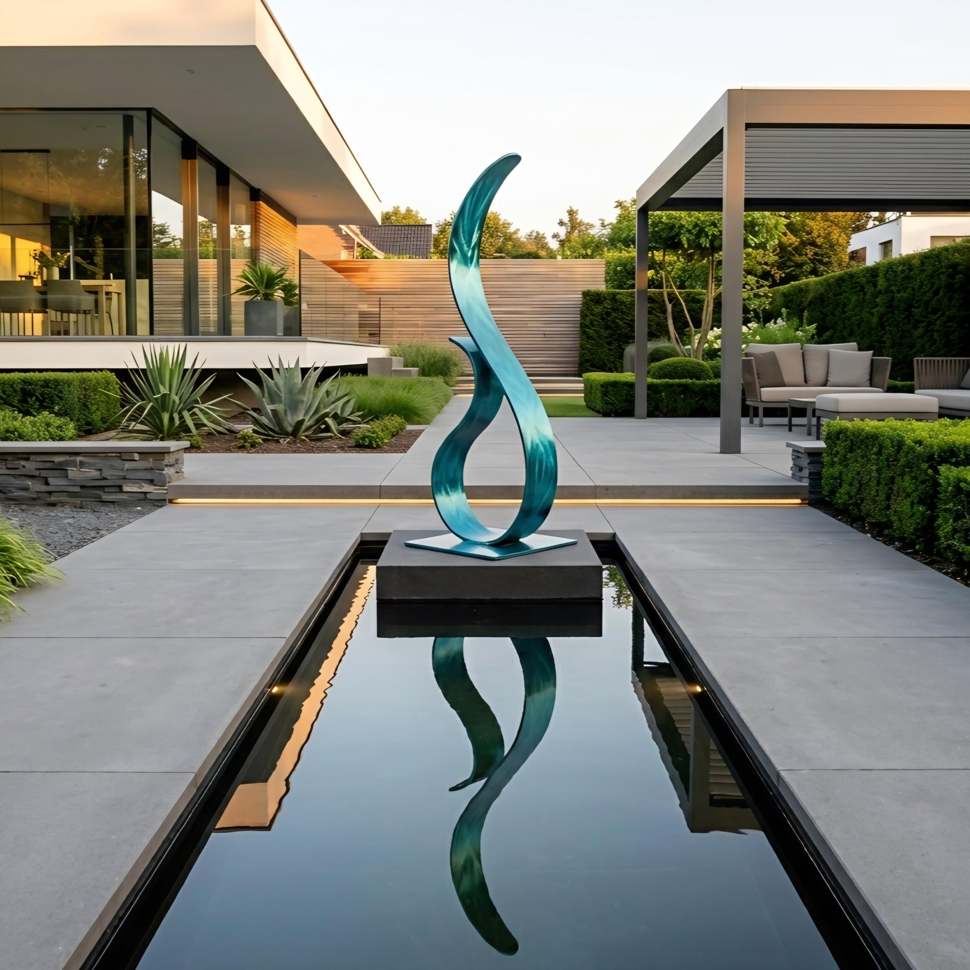 a modern garden with a large, abstract sculpture in the center of a reflective pool, surrounded by lush greenery and a contemporary building in the background.