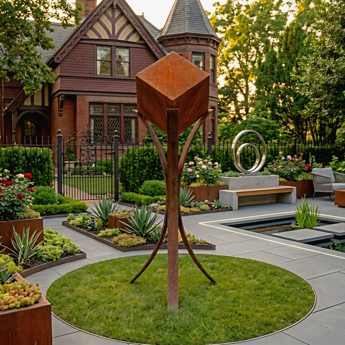 a large, ornate, and intricate metal sculpture situated in a well-manicured garden with a circular pond and various plants and flowers.