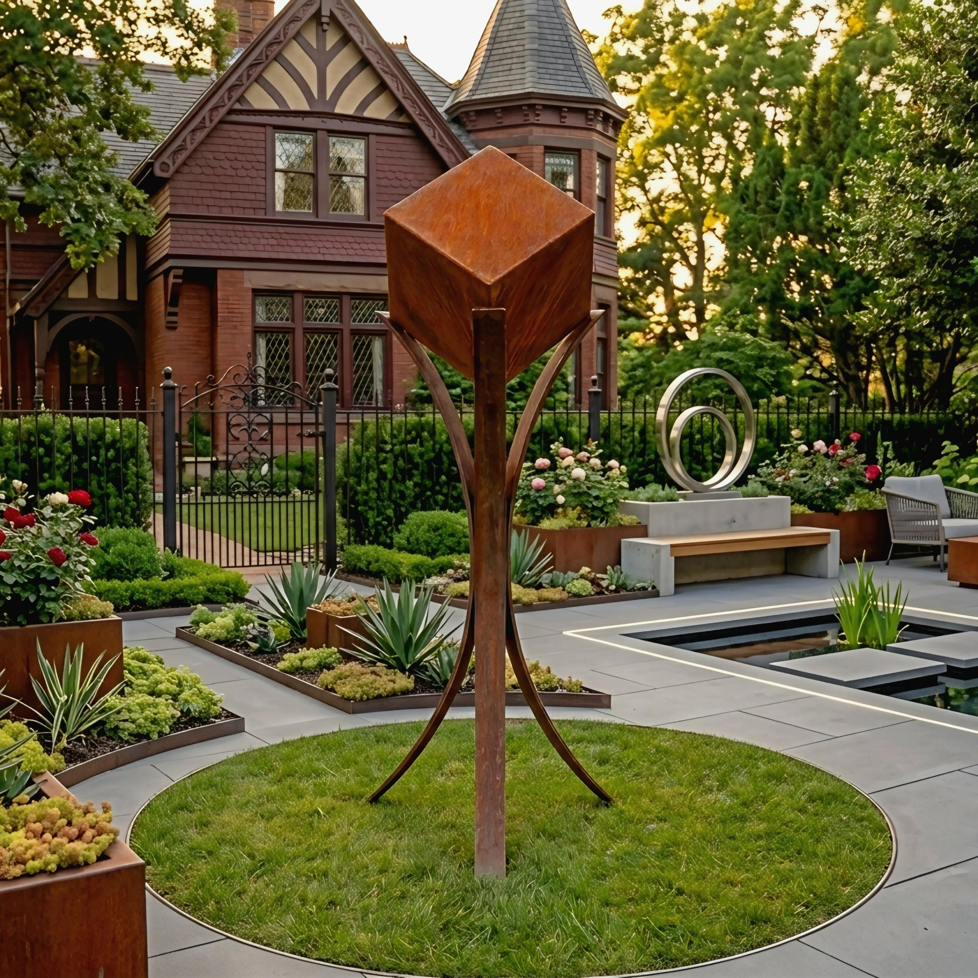 a large, ornate, and intricate metal sculpture situated in a well-manicured garden with a circular pond and various plants and flowers.