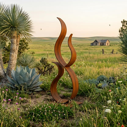 a large, abstract sculpture made of curved metal rods, surrounded by a lush garden with various plants and flowers. In the background, there is a house visible, adding to the rural setting.