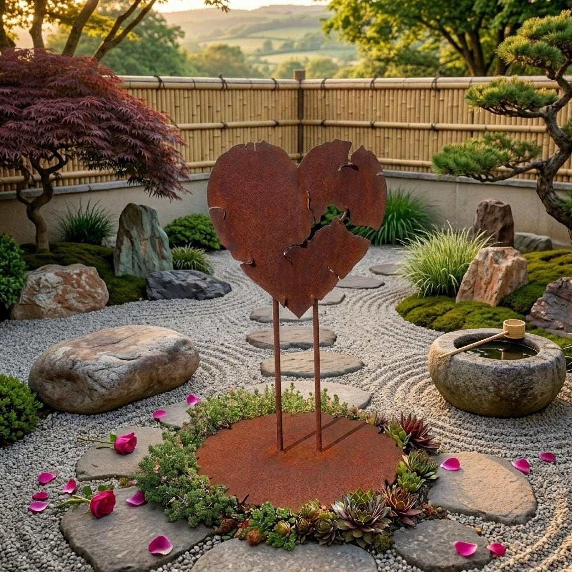 A rust-colored metal heart-shaped sculpture stands in a tranquil Japanese garden, surrounded by rocks, plants, and a stone path.