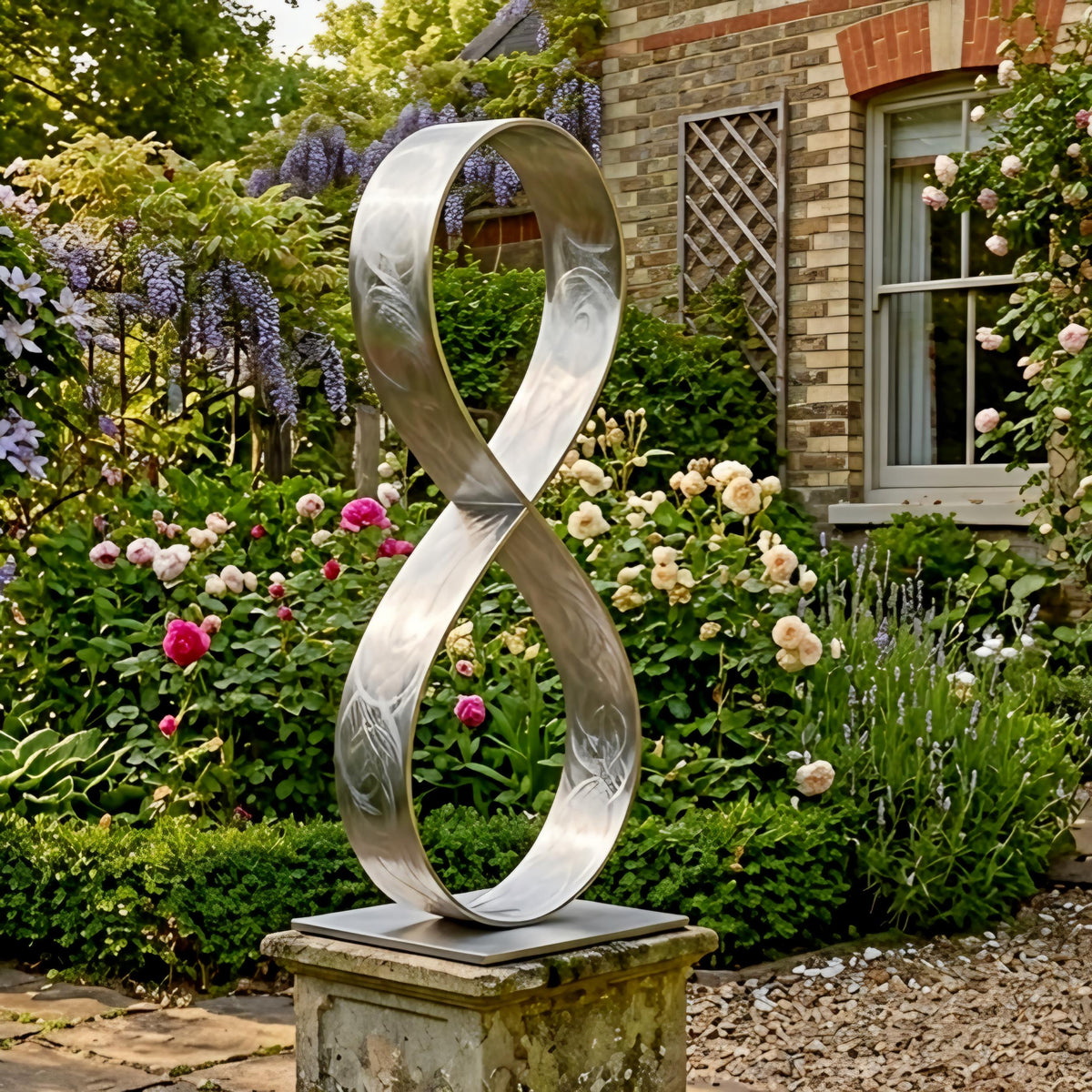 A large metal sculpture resembling an infinity symbol stands in a lush garden filled with colorful flowers and greenery.