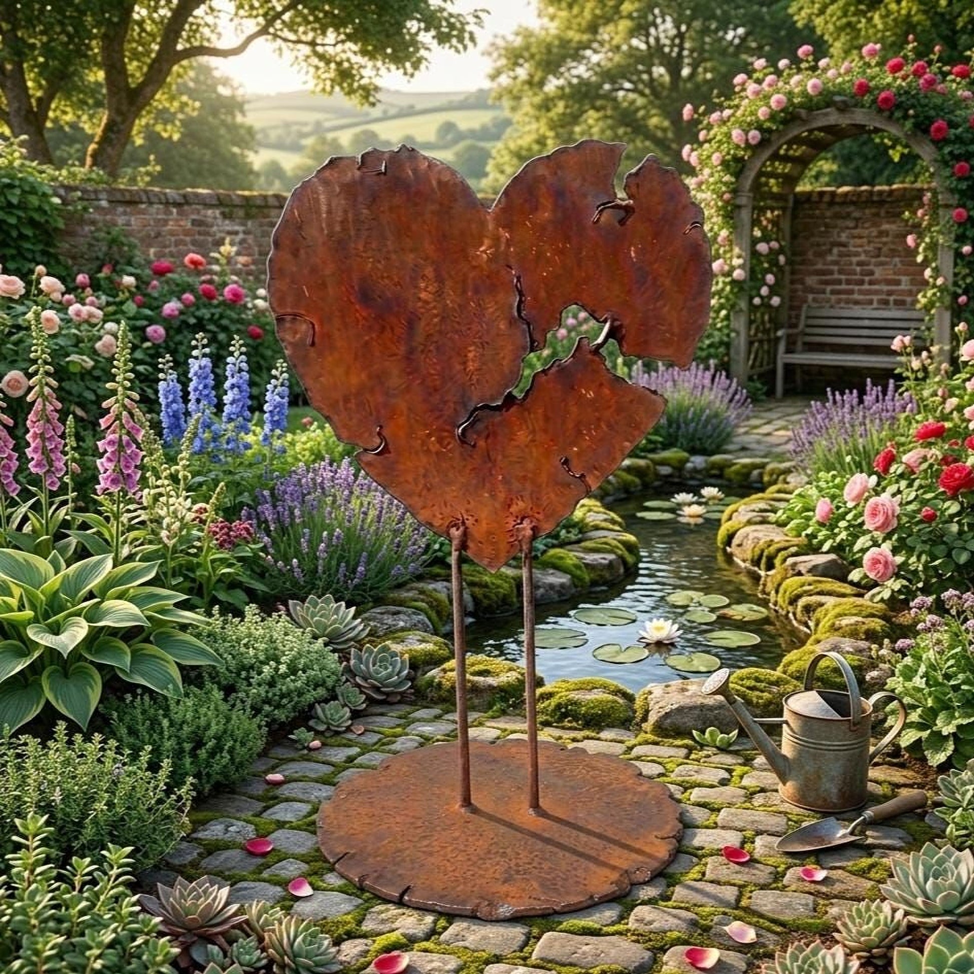 A rust-colored metal heart sculpture stands in a lush garden, surrounded by vibrant flowers, greenery, and a small pond with lily pads.