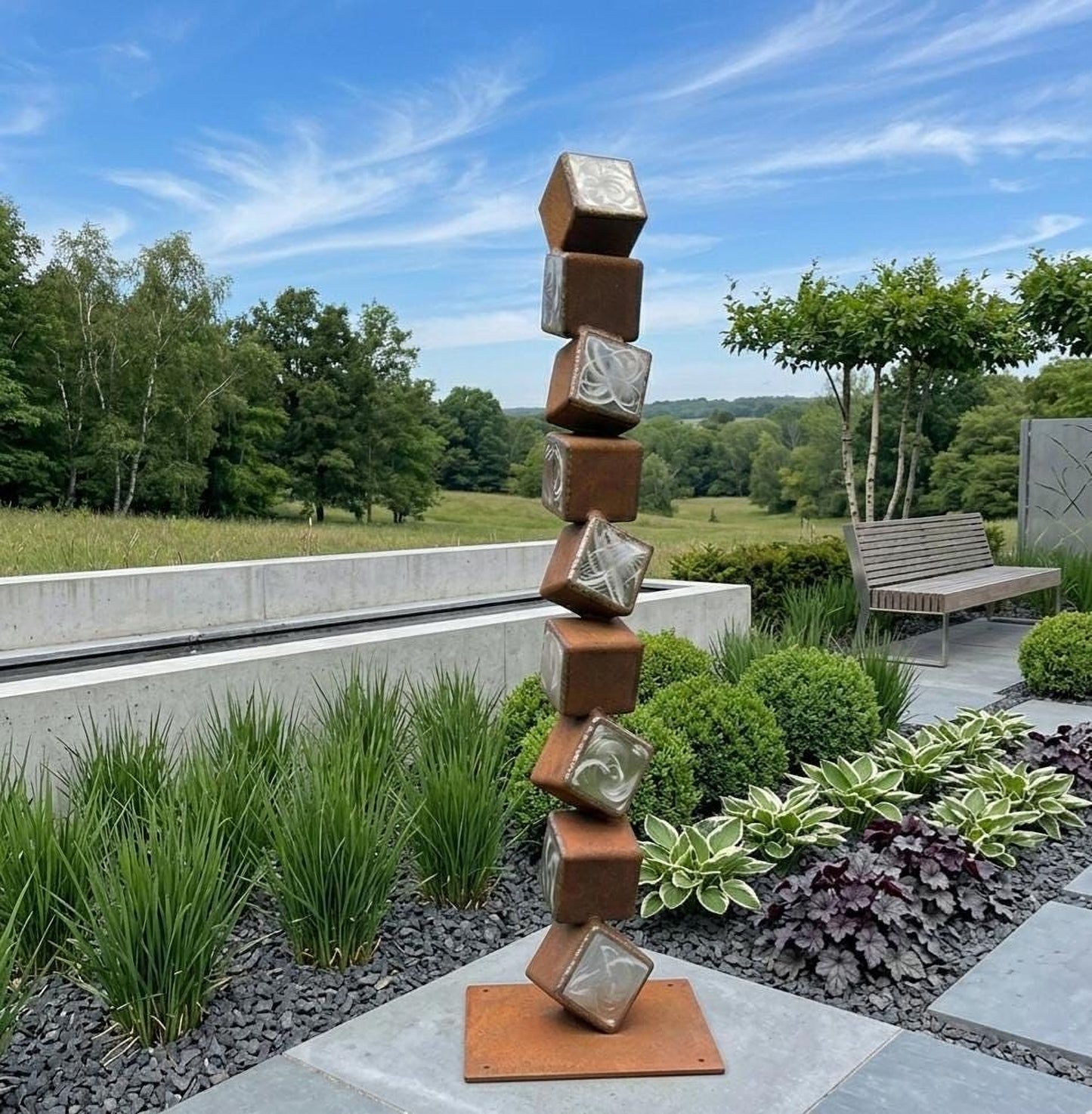 A tall, abstract sculpture composed of stacked metal cubes stands in a garden setting, surrounded by lush greenery and a wooden bench.