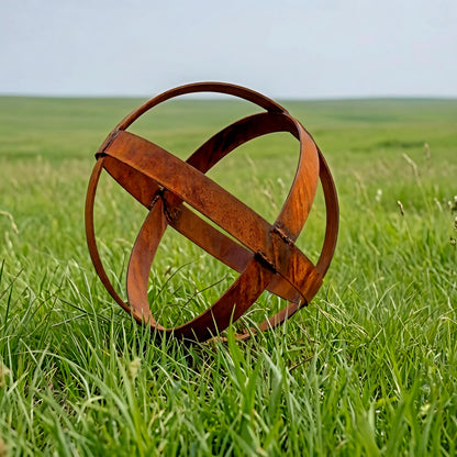 An orange metal sculpture resembling a sphere or ball rests in a grassy field.