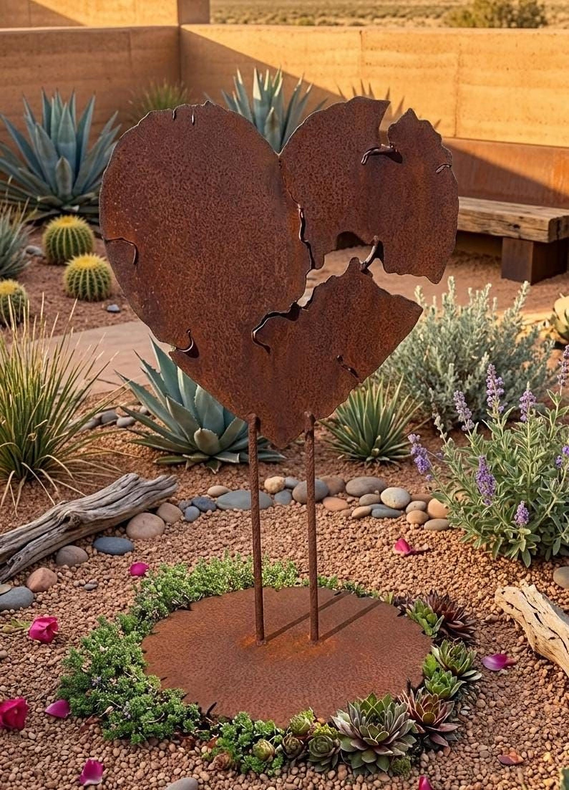 A rust-colored metal heart-shaped sculpture stands in a desert garden, surrounded by various succulents and cacti.