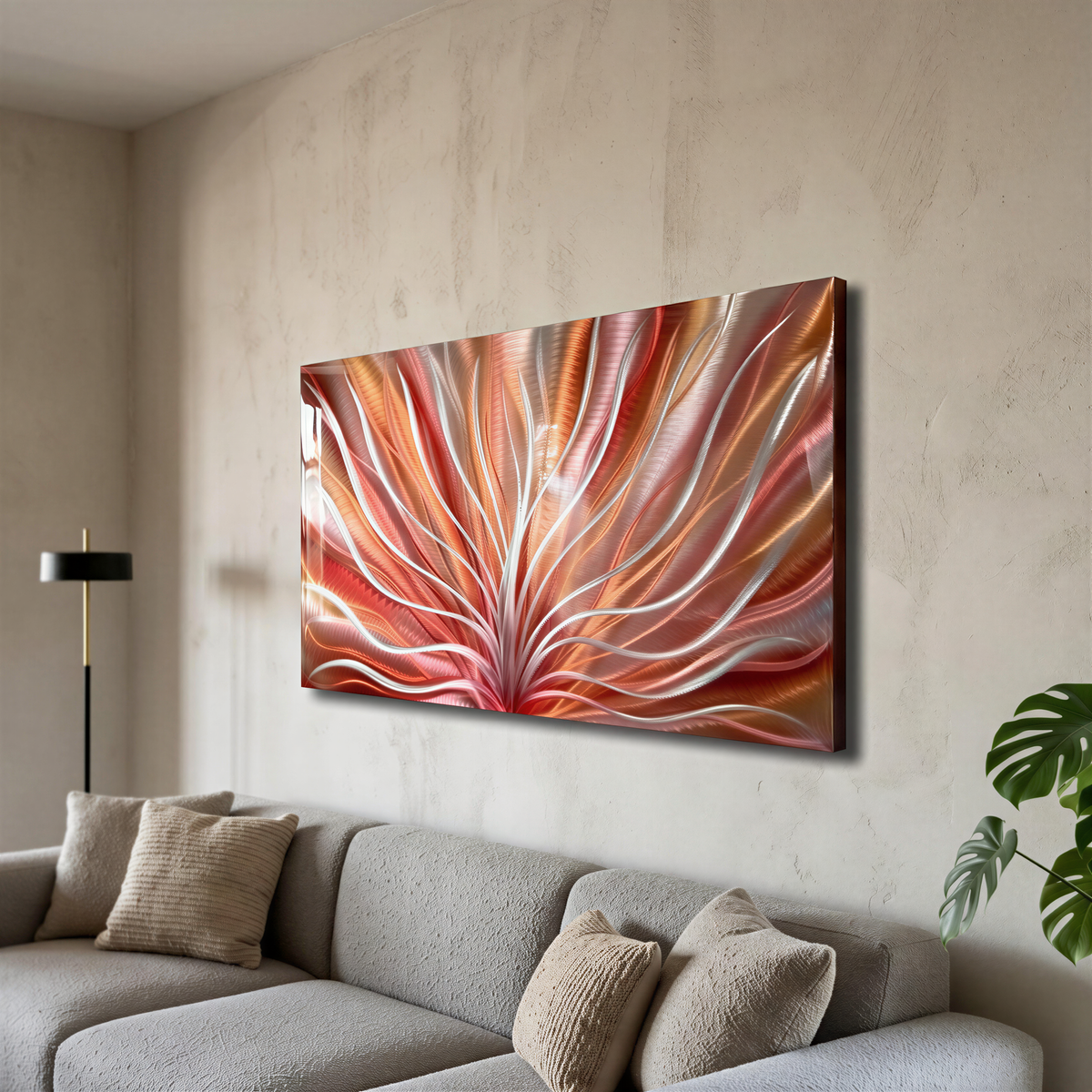 a living room with a couch and a painting on the wall