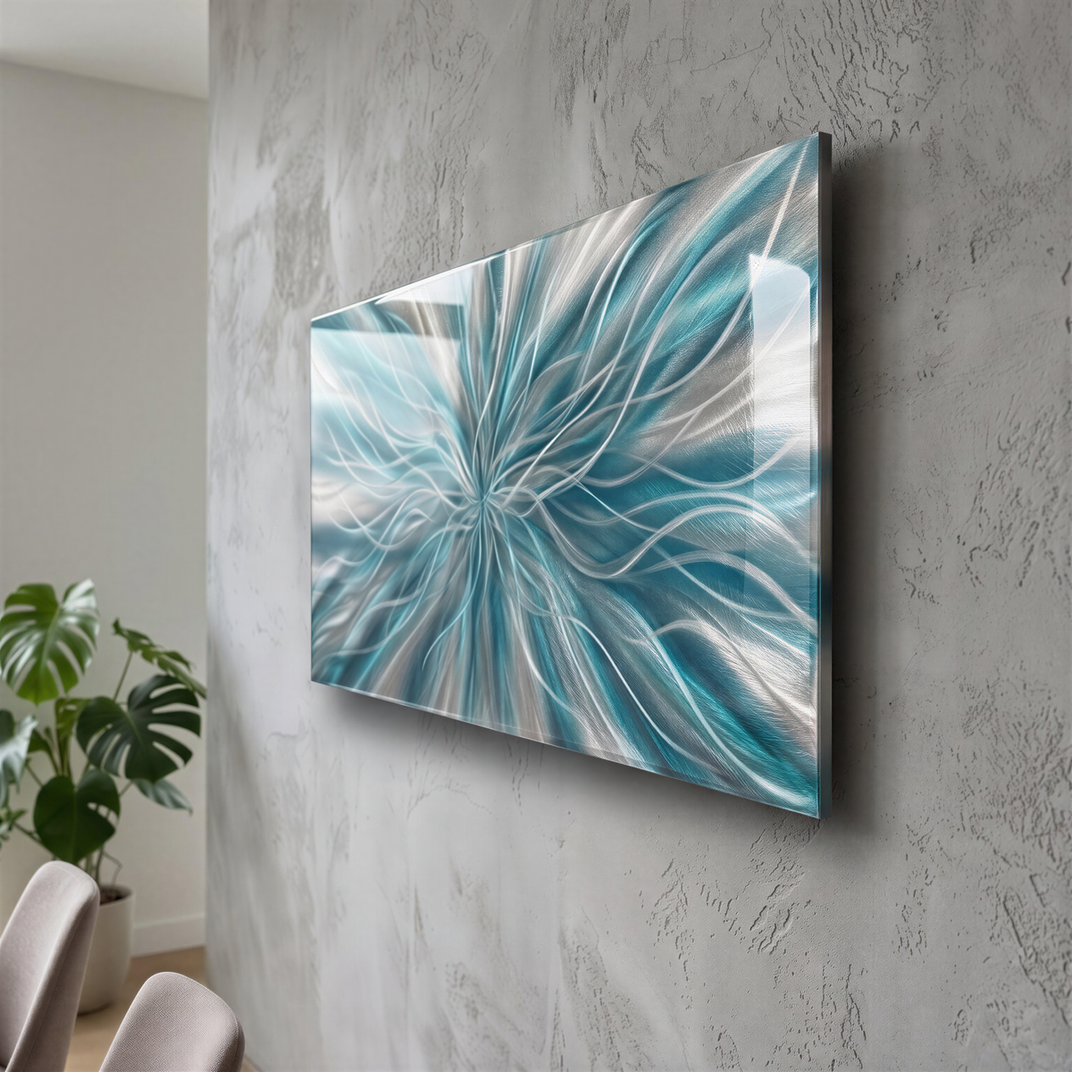 a painting hanging on the wall of a dining room