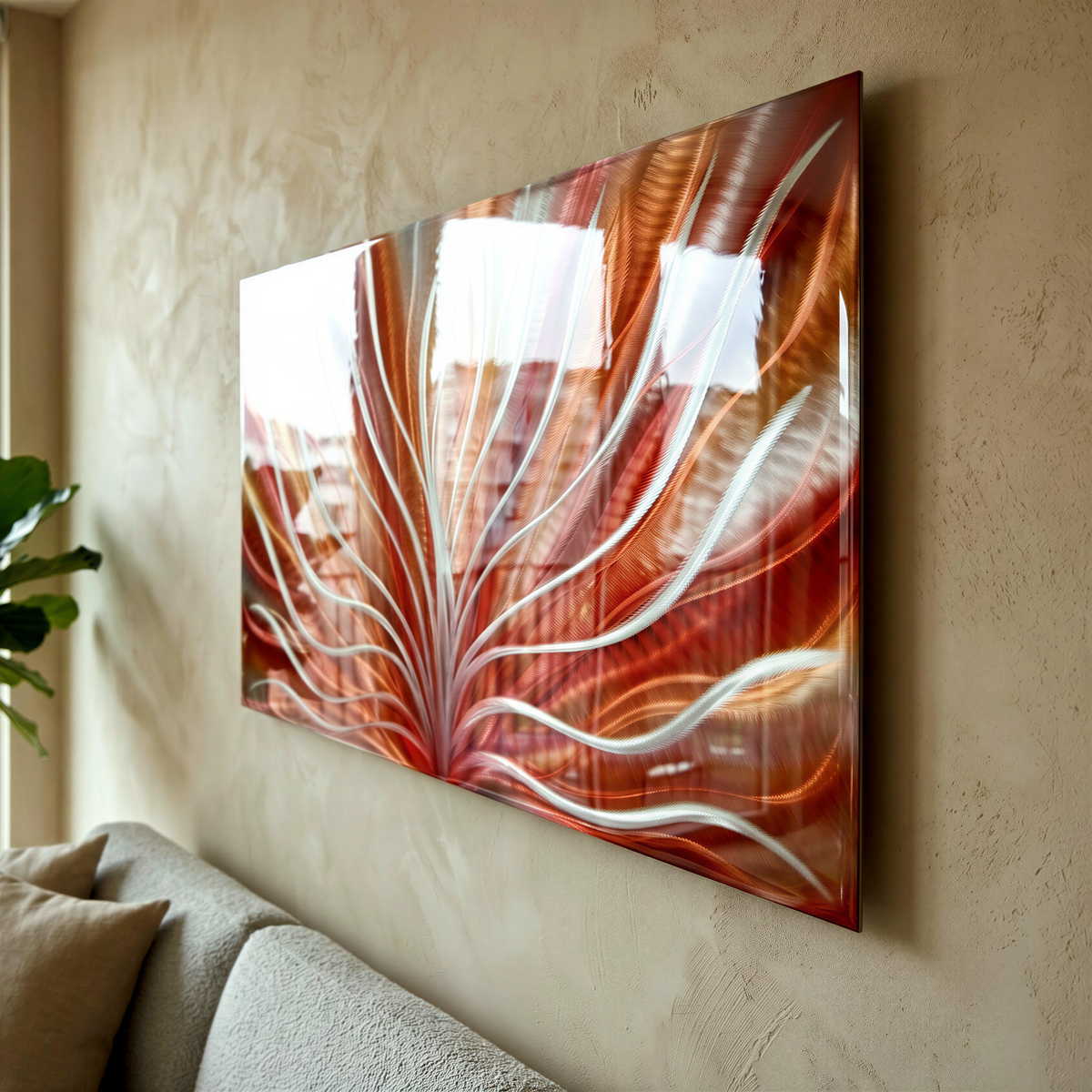 a living room with a couch and a painting on the wall