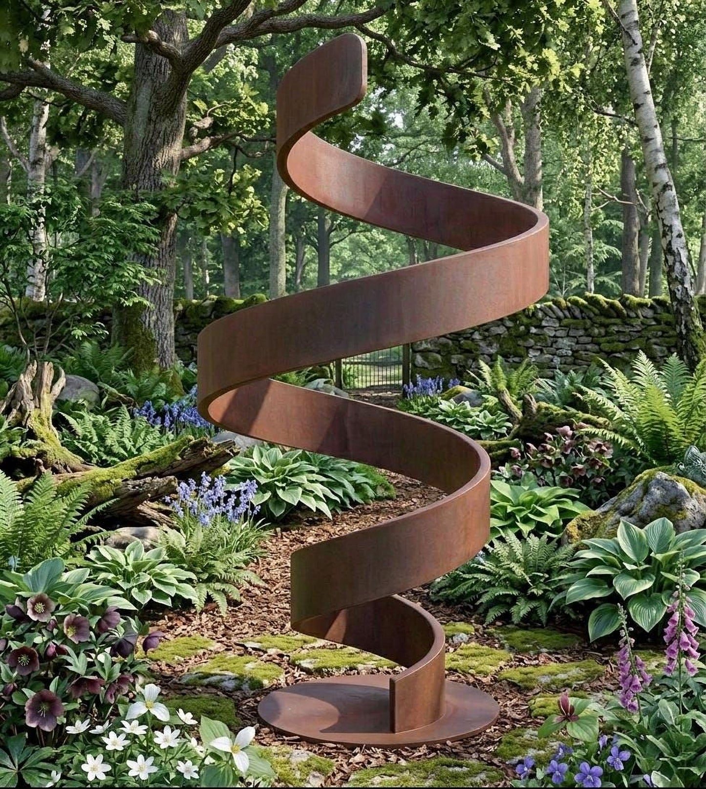 A large, spiral-shaped metal sculpture stands in a lush, verdant garden surrounded by various plants and flowers.