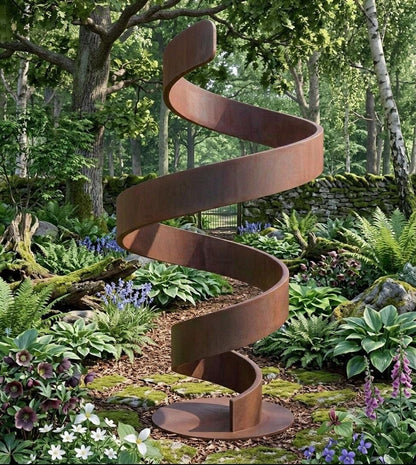 A large, spiral-shaped metal sculpture stands in a lush, verdant garden surrounded by various plants and flowers.