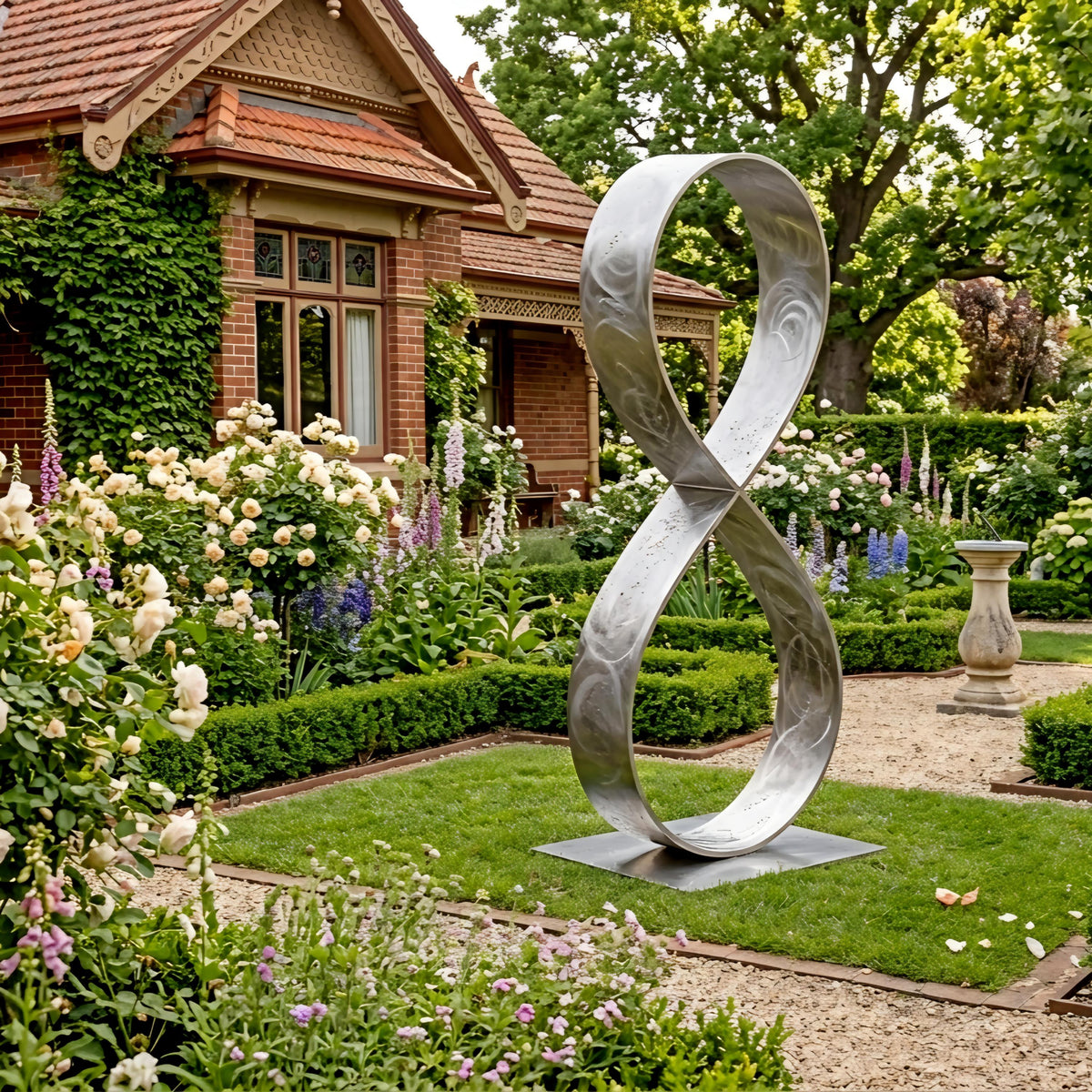 A large metal sculpture resembling an '8' stands in a well-manicured garden, surrounded by lush greenery, colorful flowers, and a brick building in the background.
