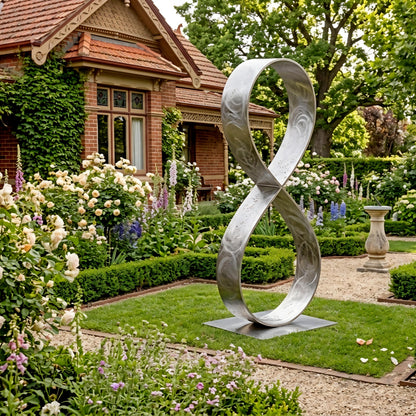 A large metal sculpture resembling an '8' stands in a well-manicured garden, surrounded by lush greenery, colorful flowers, and a brick building in the background.