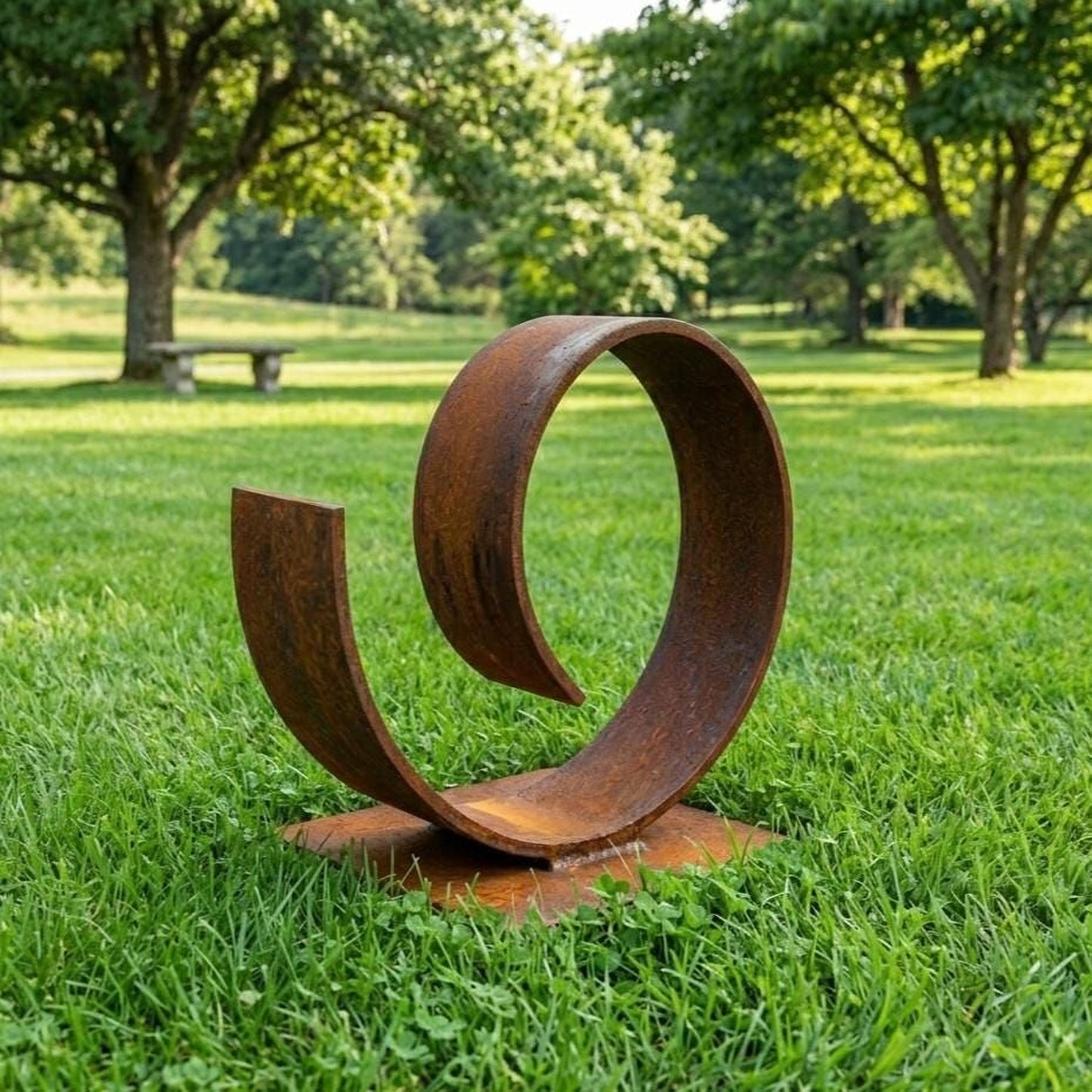 A large, rusted metal sculpture resembling a spiral or wave stands in a grassy field, with trees and a bench visible in the background.