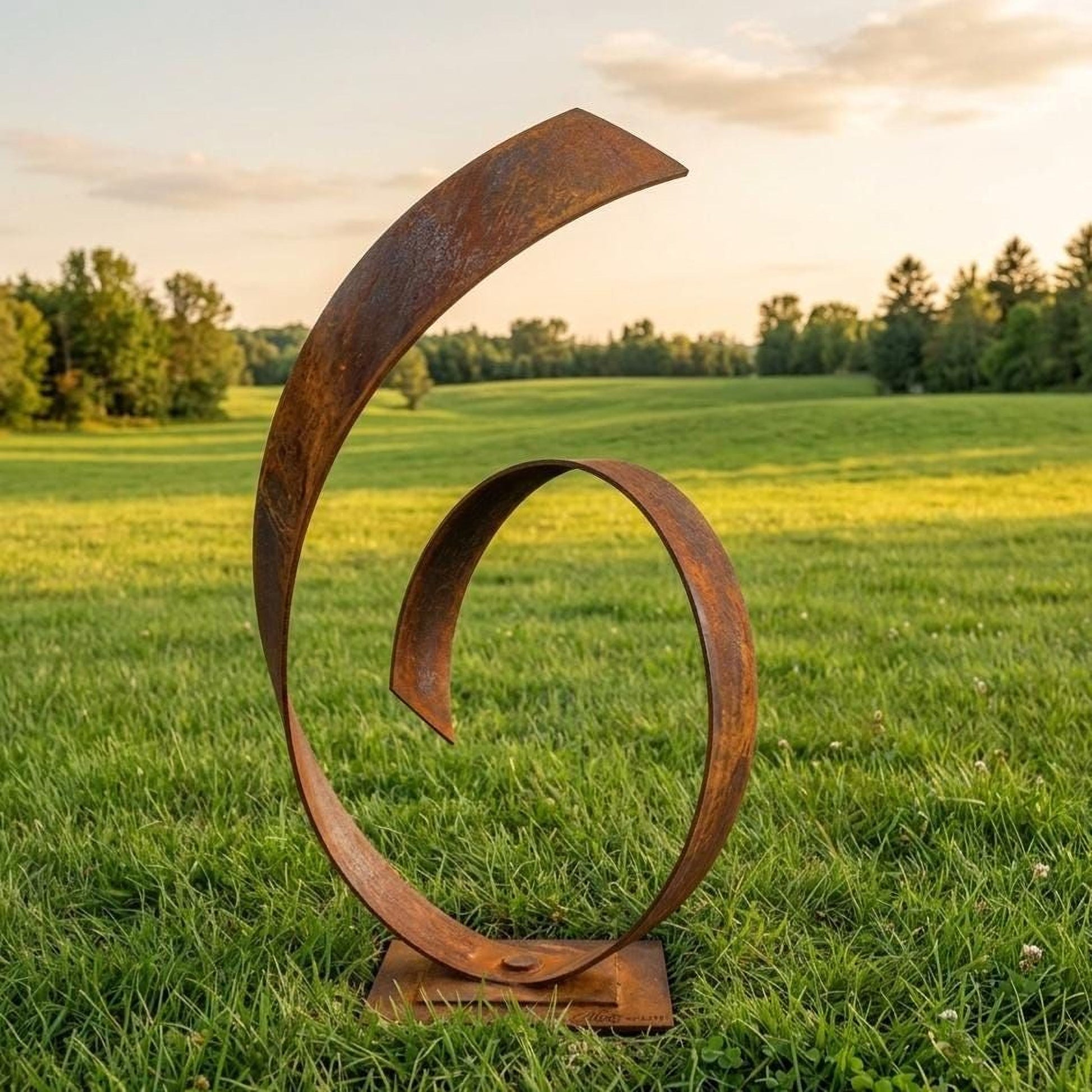 A large, rusted metal sculpture resembling a spiral or wave stands in a grassy field, with trees and a cloudy sky in the background.