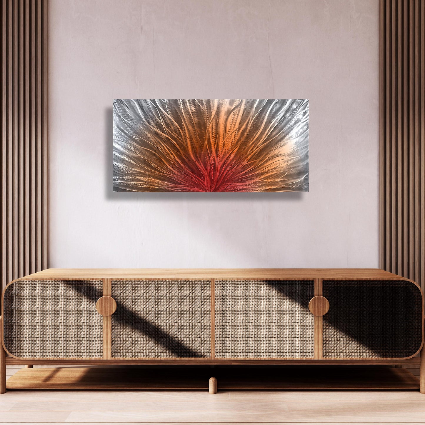 Abstract Metal Wall Art: Silver Red Orange Wall Sculpture, Modern Home Decor