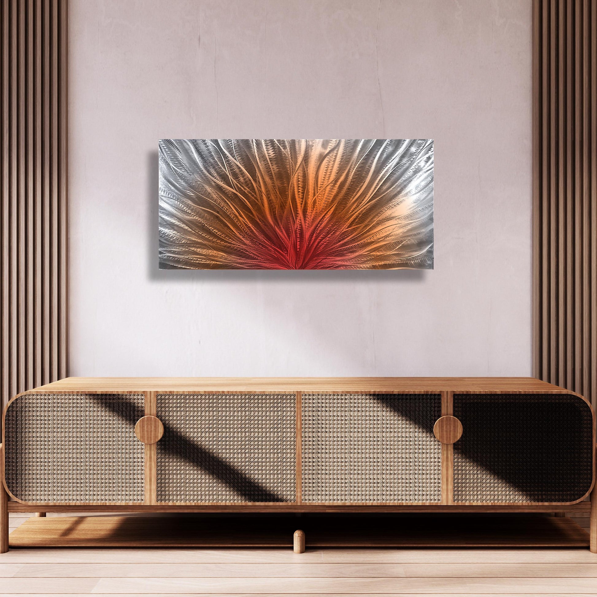Abstract Metal Wall Art: Silver Red Orange Wall Sculpture, Modern Home Decor