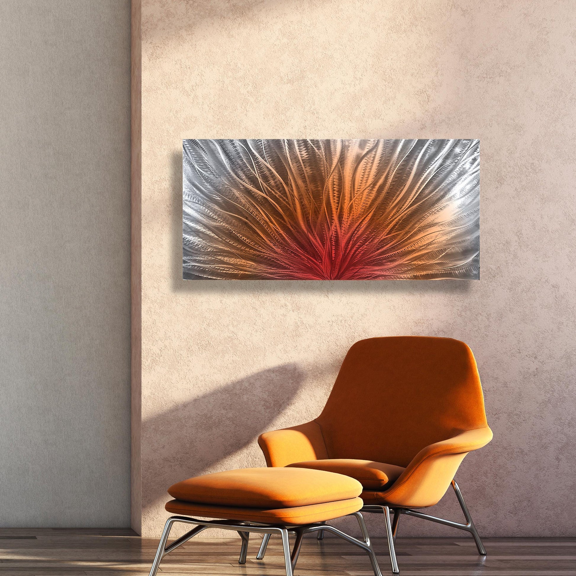 Abstract Metal Wall Art: Silver Red Orange Wall Sculpture, Modern Home Decor