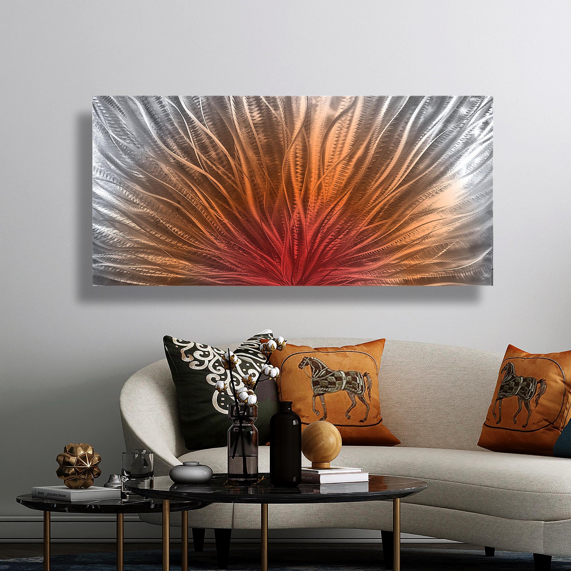 Abstract Metal Wall Art: Silver Red Orange Wall Sculpture, Modern Home Decor