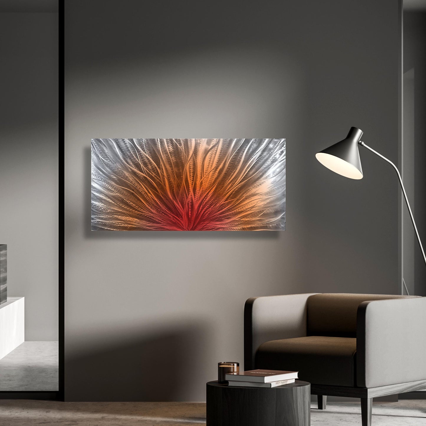 Abstract Metal Wall Art: Silver Red Orange Wall Sculpture, Modern Home Decor