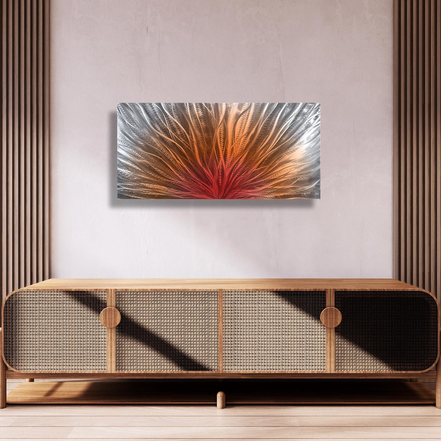Abstract Metal Wall Art: Silver Red Orange Wall Sculpture, Modern Home Decor