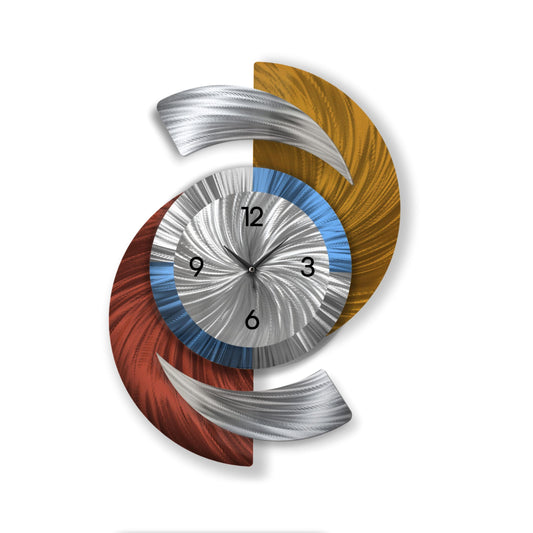 Abstract Metal Wall Clock: Burnt Orange Gold Blue Silver Timepiece