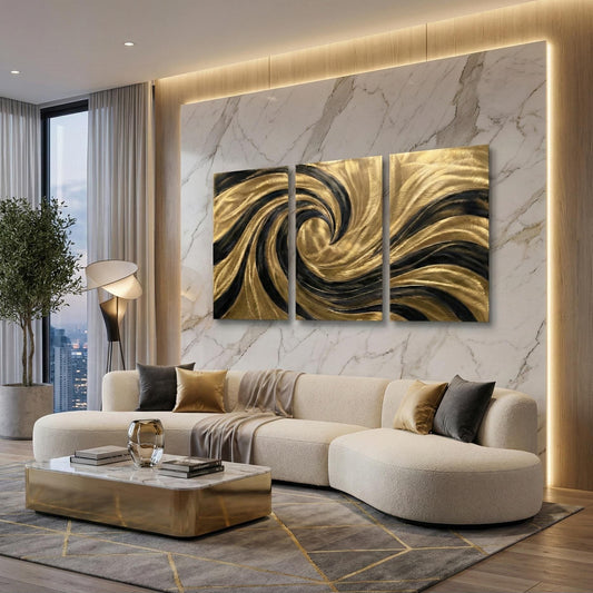 Black & Gold Metal Abstract Wall Art: 3-Panel Modern Sculpture