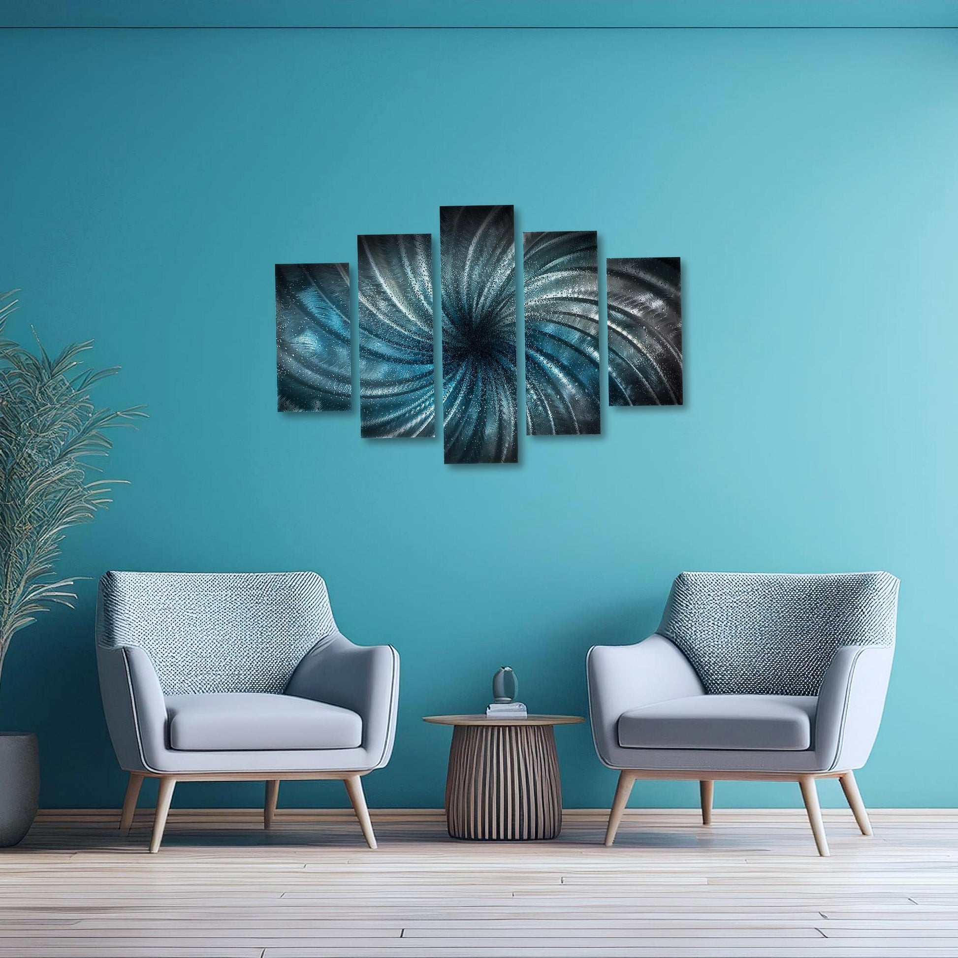 Blue Crushed Glass Metal Wall Art Set: Abstract Modern Sculpture
