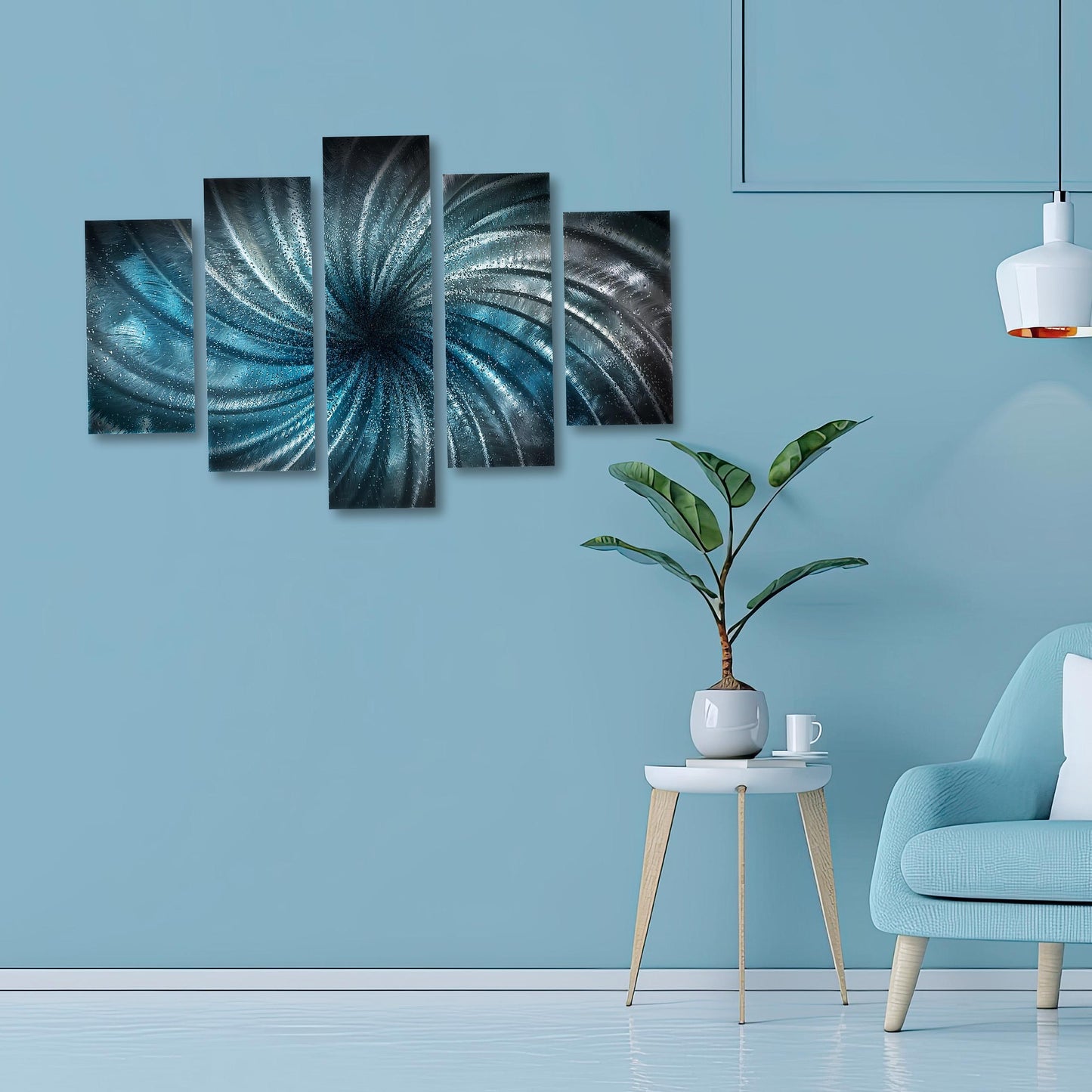 Blue Crushed Glass Metal Wall Art Set: Abstract Modern Sculpture