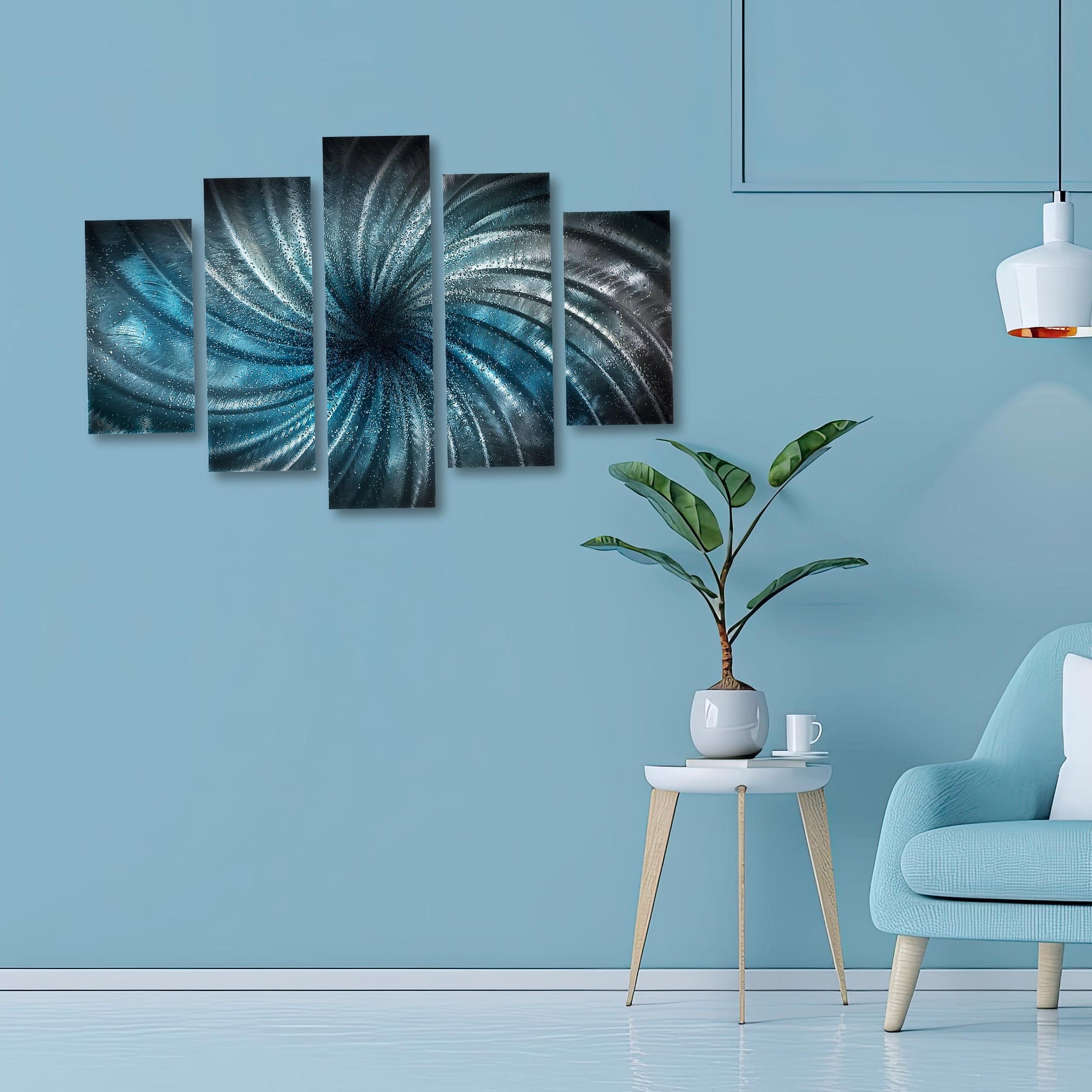 Blue Crushed Glass Metal Wall Art Set: Abstract Modern Sculpture