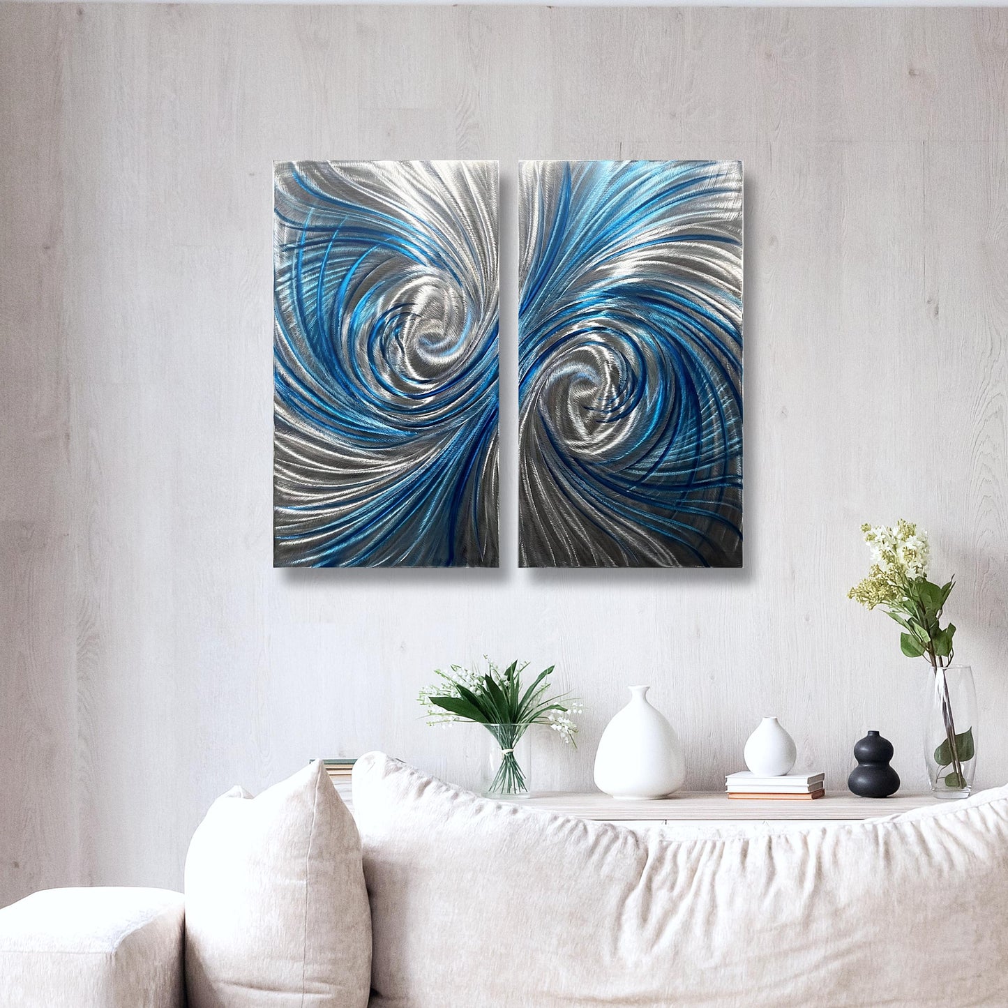 Blue Metal Wall Art: Handcrafted Modern Abstract Wall Sculpture (Set of 2)