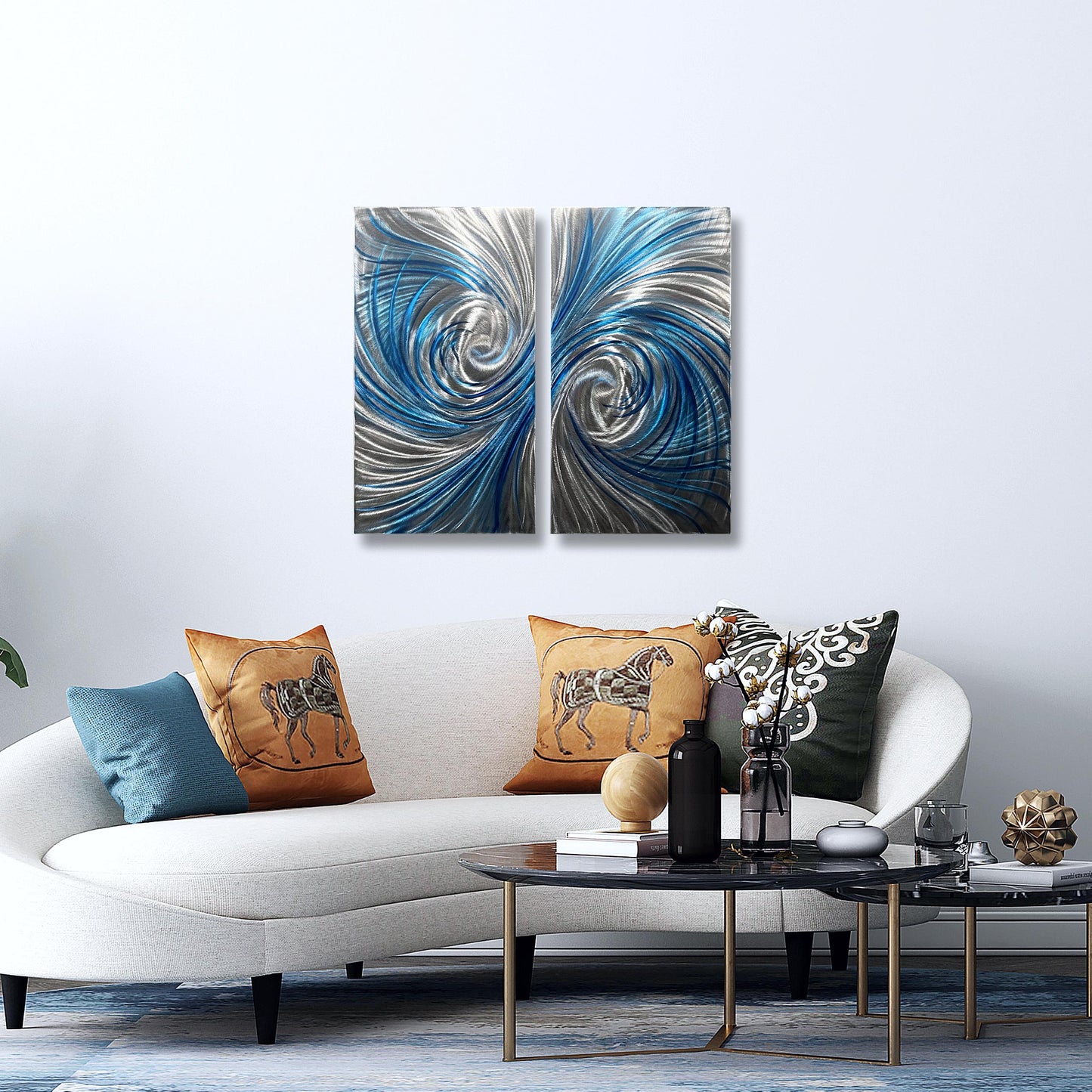 Blue Metal Wall Art: Handcrafted Modern Abstract Wall Sculpture (Set of 2)